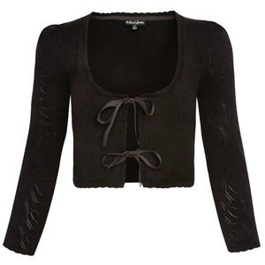 For Love & Lemons Womens Pointelle Crop Cardigan Sweater Knit Black Size L